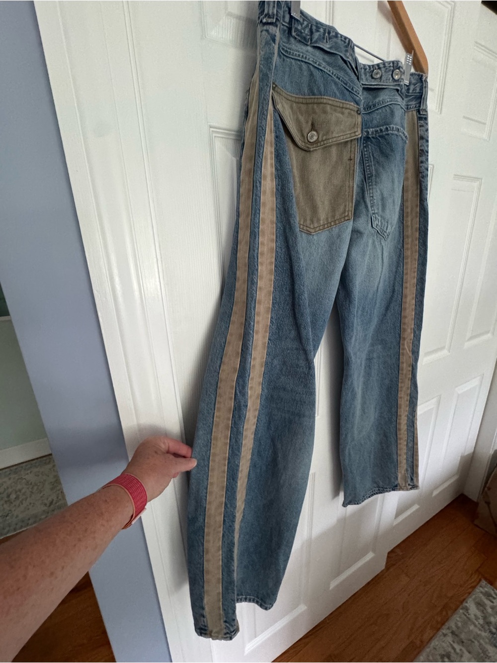 We The Free Zambi Slouchy Boyfriend Jeans in Faded Blue with Tan Stripes - Picture 12 of 16
